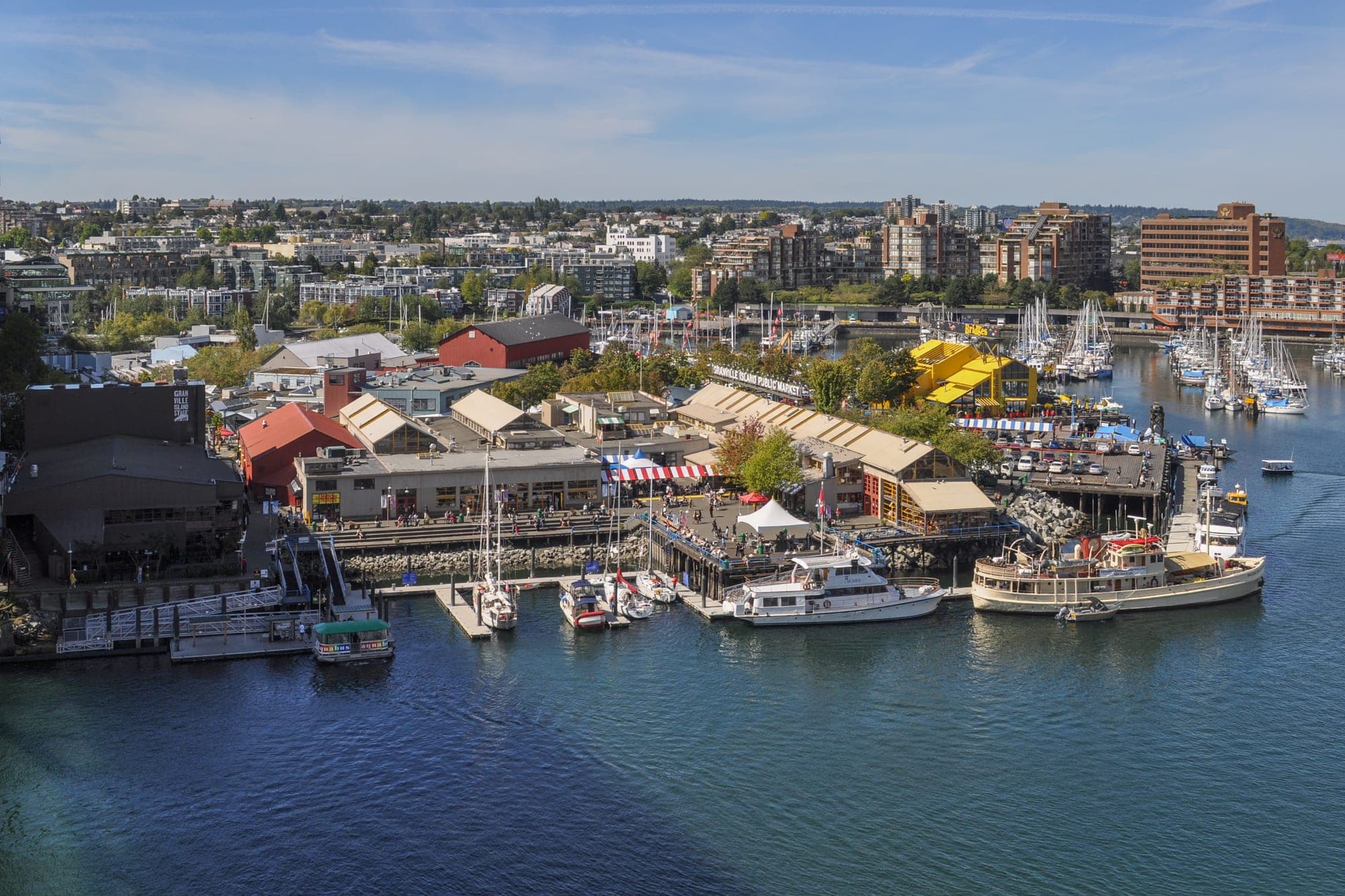 Aerial view of Granville Island in Vancouver from the Granville Bridge.
