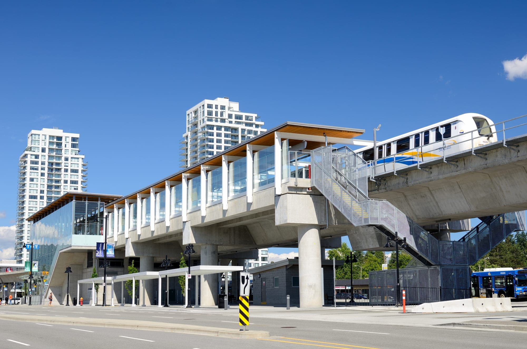 Exterior of Burquitlam SkyTrain station on the Millennium Line Evergreen Extension, between Burnaby and Coquitlam.