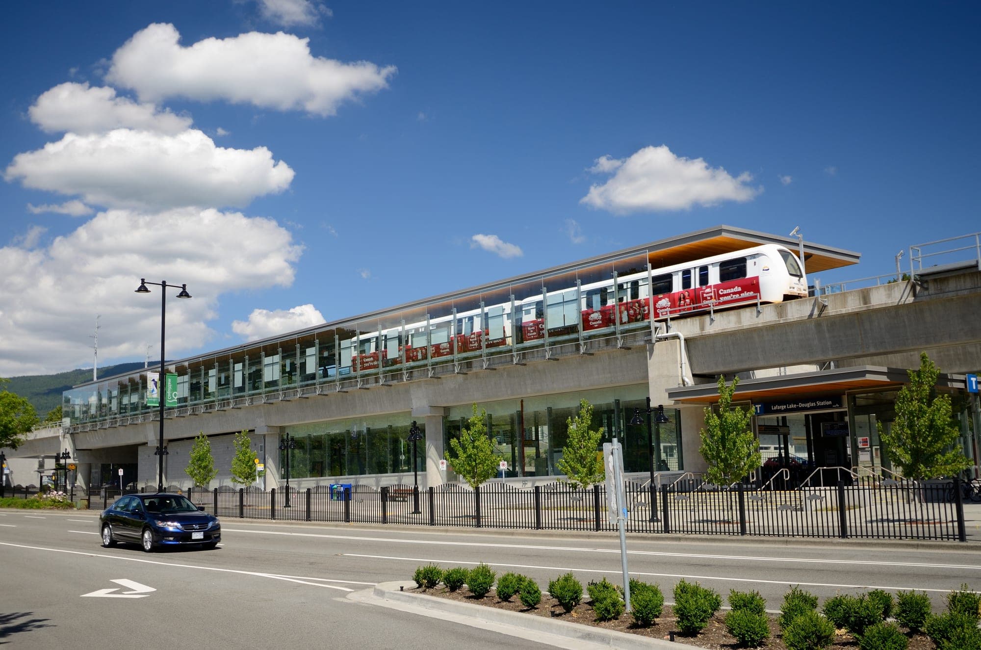 Exterior of Lafarge Lake–Douglas SkyTrain station in Coquitlam City Centre, the terminus of the Millennium Line Evergreen Extension.