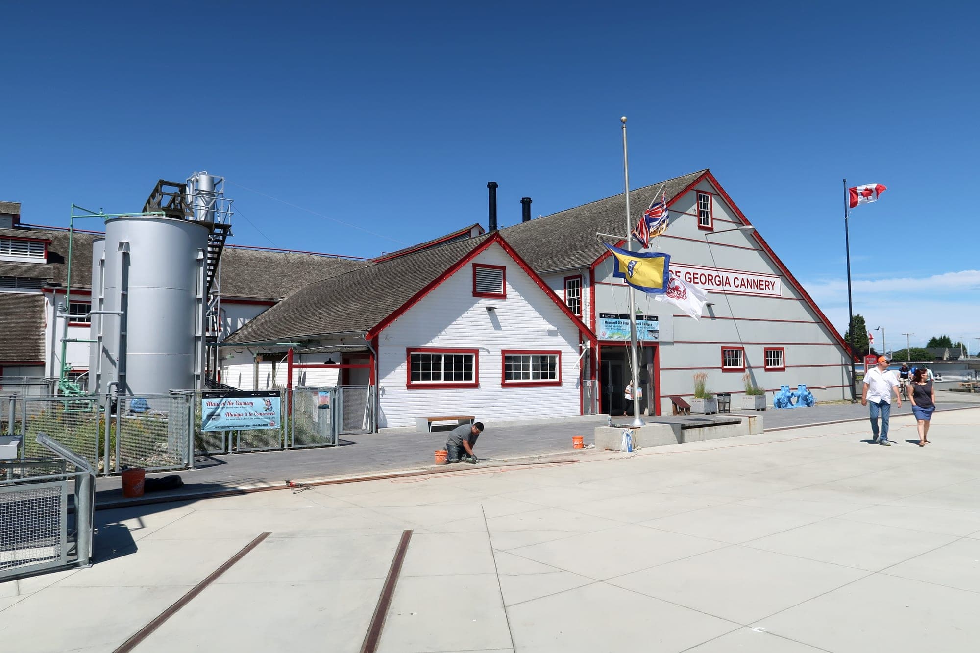 The red-painted Gulf of Georgia Cannery National Historic Site on the Steveston waterfront in Richmond, BC.