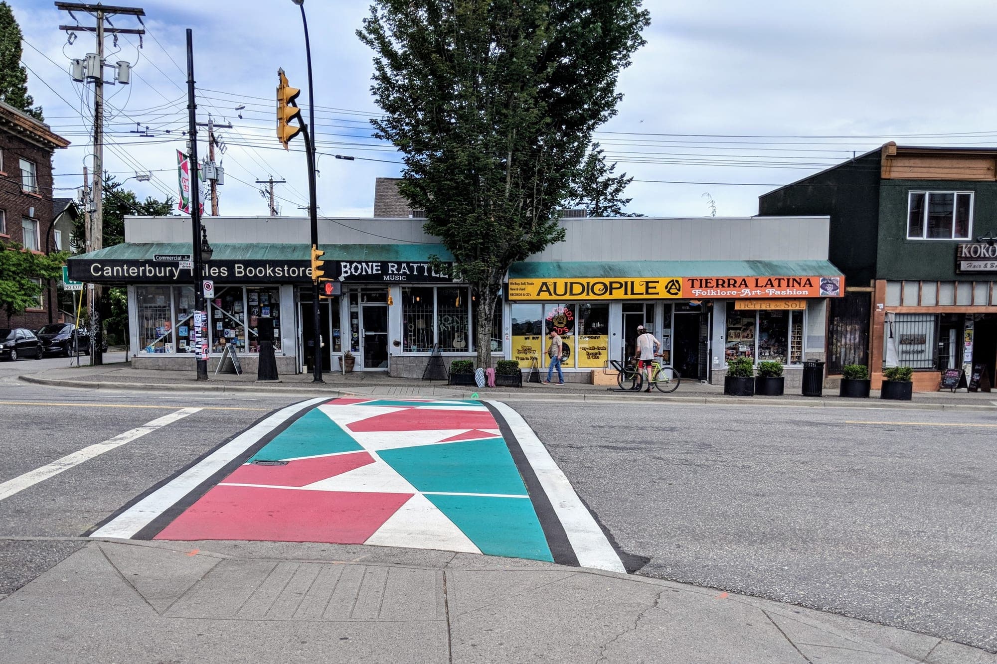 Intersection of East 4th Avenue and Commercial Drive in Vancouver with heritage buildings and street trees.