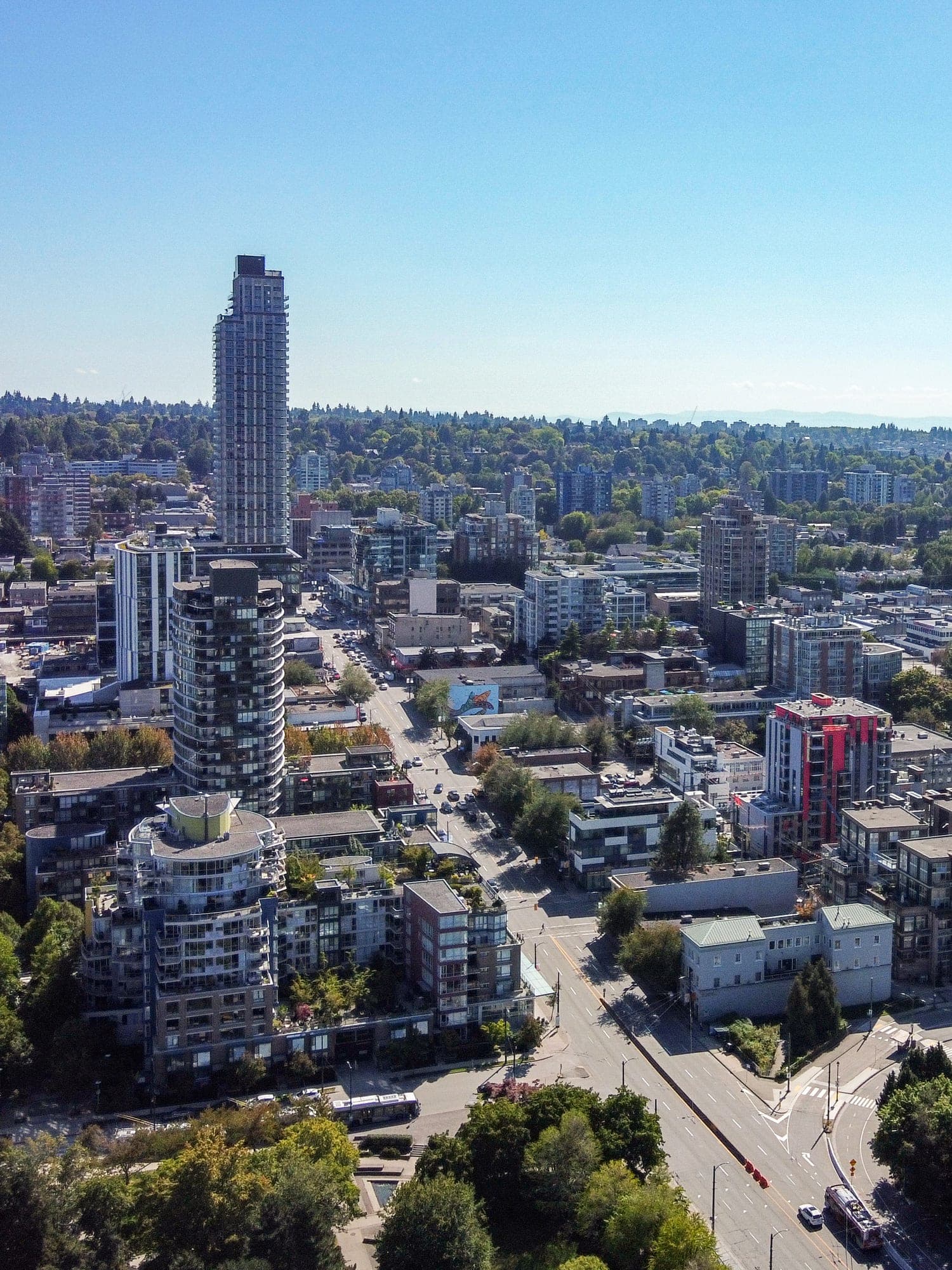 Aerial view of the South Granville district in Vancouver with mid-century apartment blocks along Granville Street.