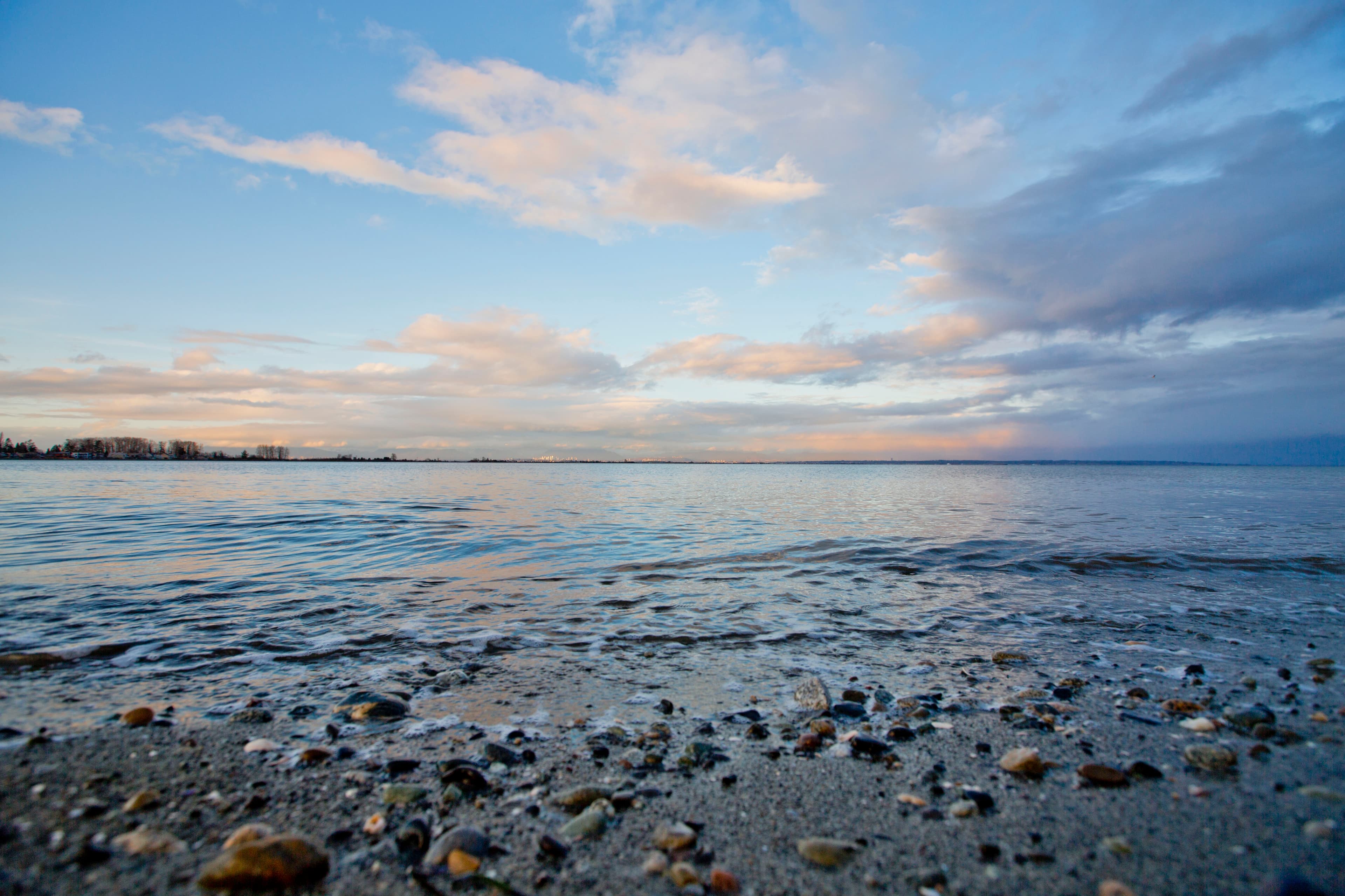 Boundary Bay Regional Park in Tsawwassen at low tide — wide tidal sand flats extending toward Mount Baker on the horizon, typical of the park's expansive coastal scenery.